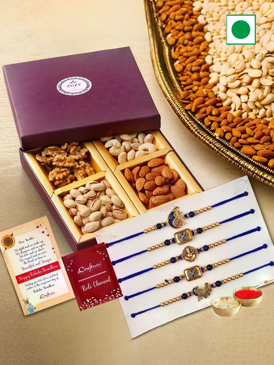 

eCraftIndia Set of 6 Religious Rakhis With Dry Fruit Box and Roli Chawal Pack, Gold