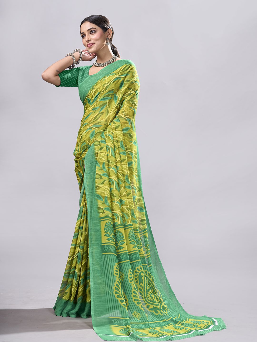

NIRMAL CREATION Lime Floral Poly Georgette Saree, Lime green