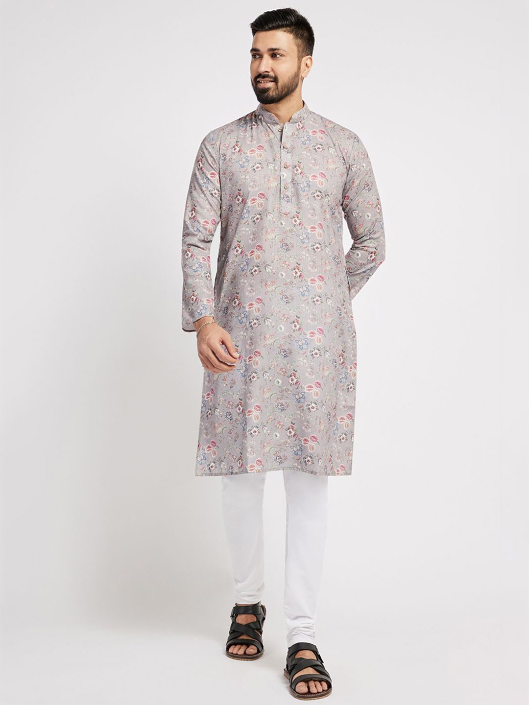 

Ethnic India Mandarin Collar Floral Printed Straight Kurta, Grey