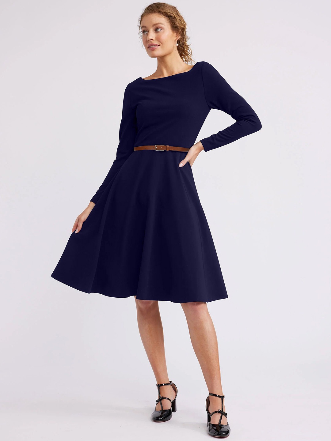 

Dream Beauty Fashion Solid Boat Neck Fit & Flare Dress, Navy blue