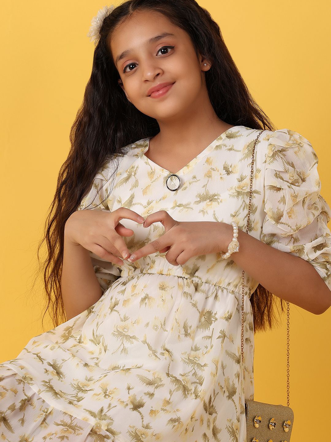 

V-Mart Girls Floral Printed Fit & Flare Dress, Off white