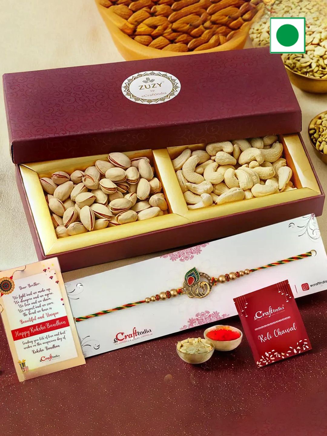 

eCraftIndia Peacock Rakhi With Cashew Pistachio Dry Fruit Gift Box and Roli Chawal Pack, Gold