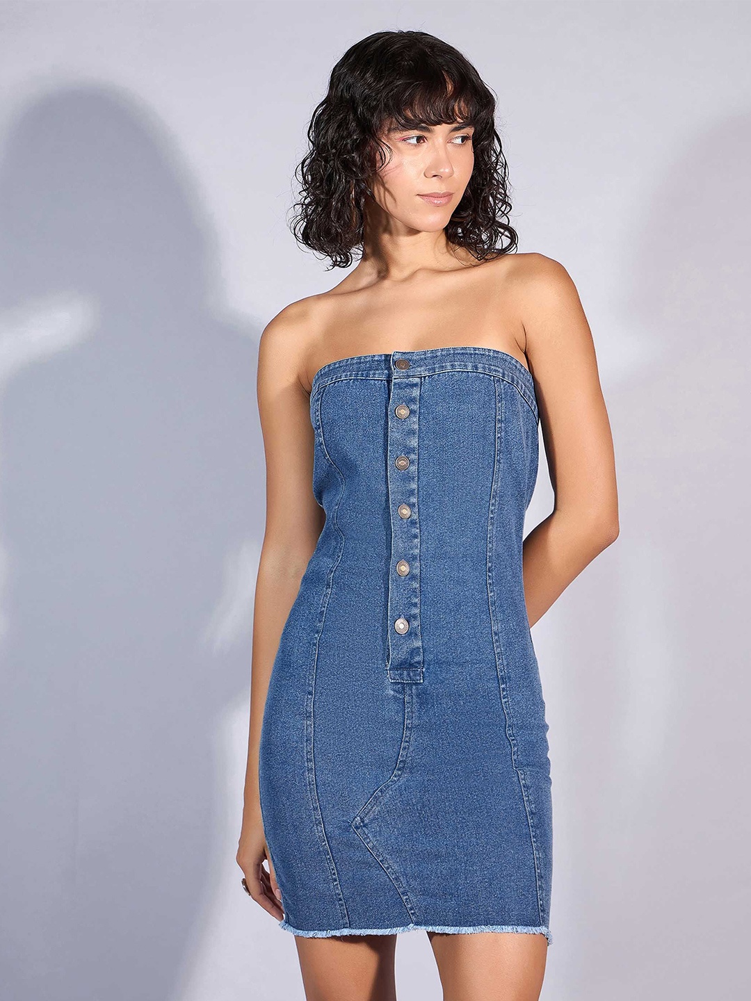 

SASSAFRAS Women Strapless Denim Sheath Mini Dress, Blue