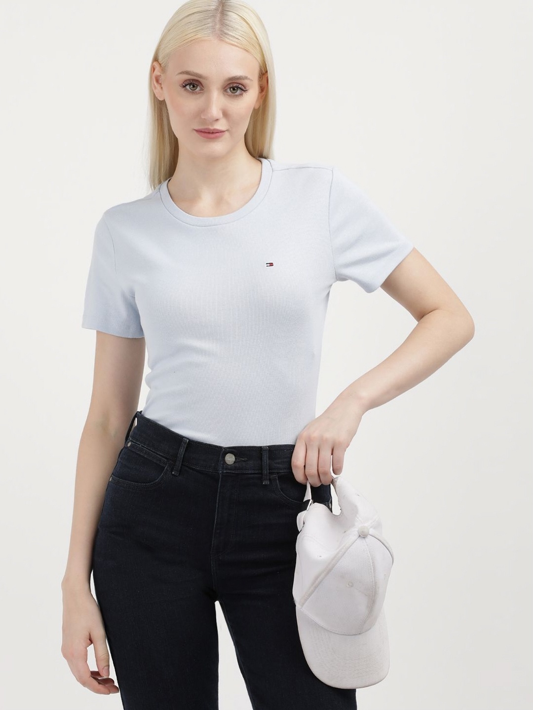 

Tommy Hilfiger Women Solid Round Neck Cotton T-shirt, Blue