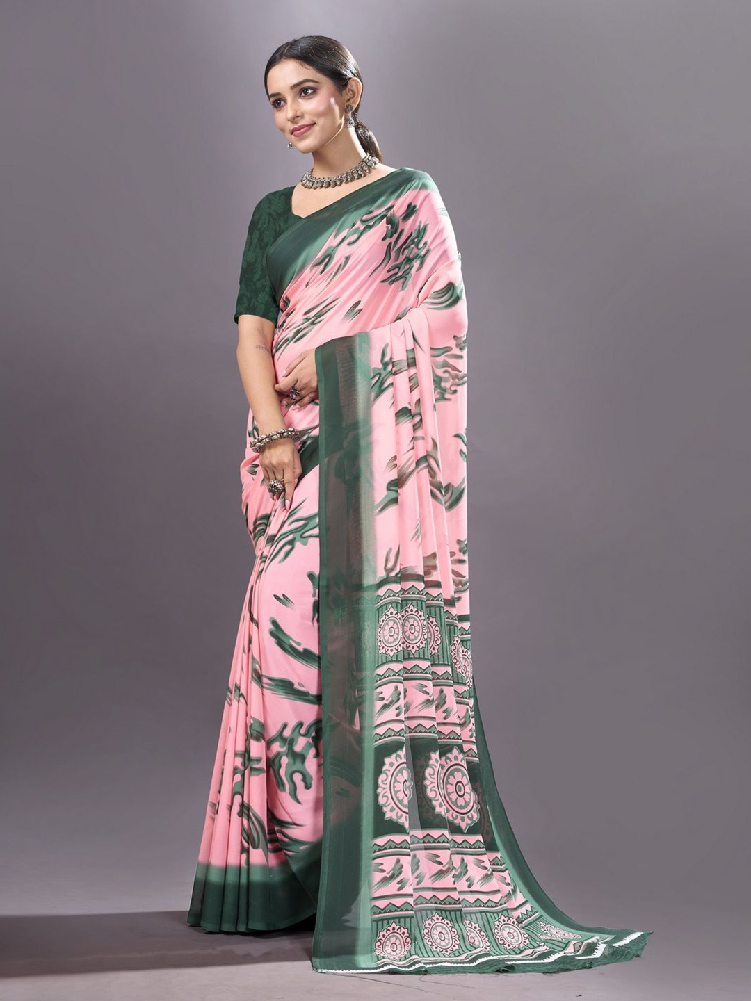 

VIRICA Women Printed Soft Saree With Blouse Piece, Peach