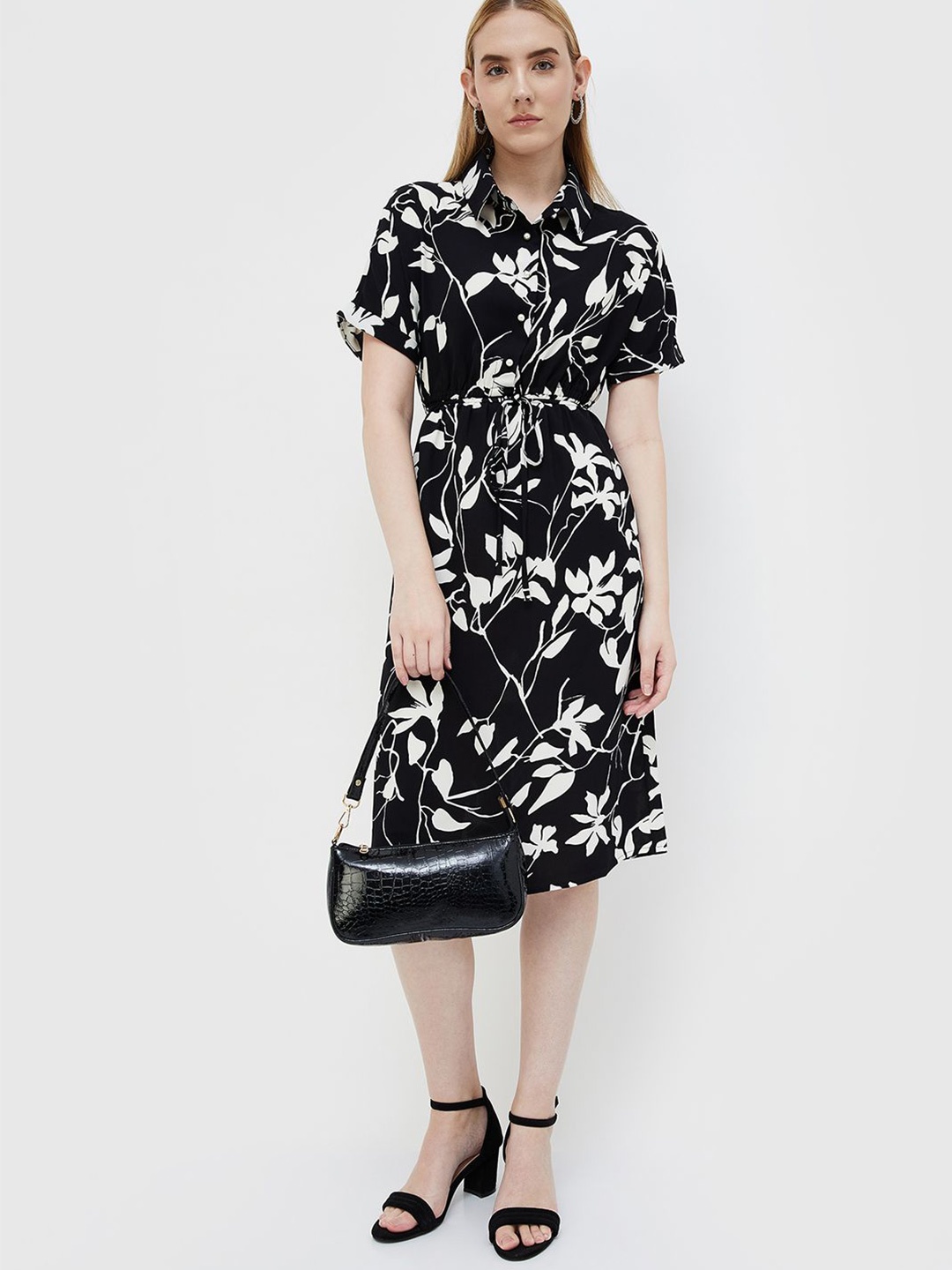 

CODE by Lifestyle Floral Printed Tie-Up Detail Shirt Dress, Black