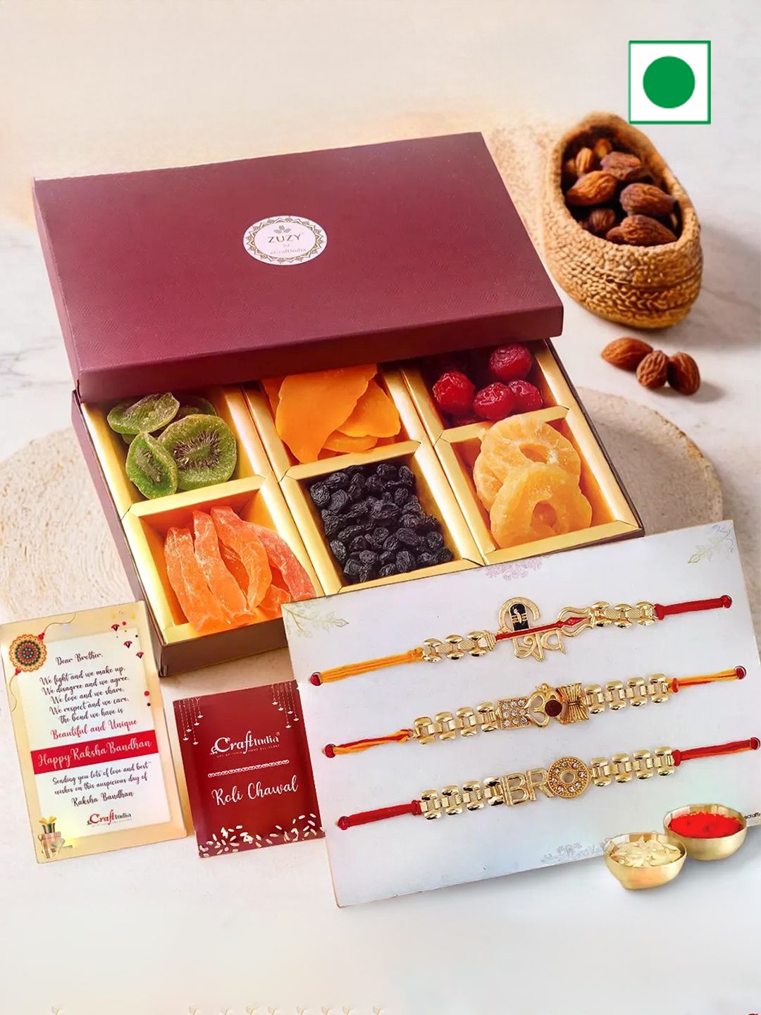 

eCraftIndia Set of 3 Beaded Rakhis with Dried Fruit Box And Roli Chawal, Gold