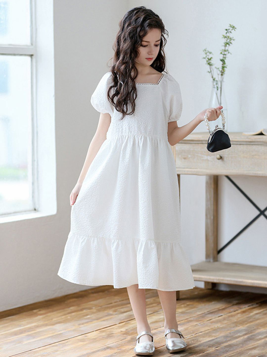 

INCLUD Girls Puff Sleeve A-Line Midi Dress, White