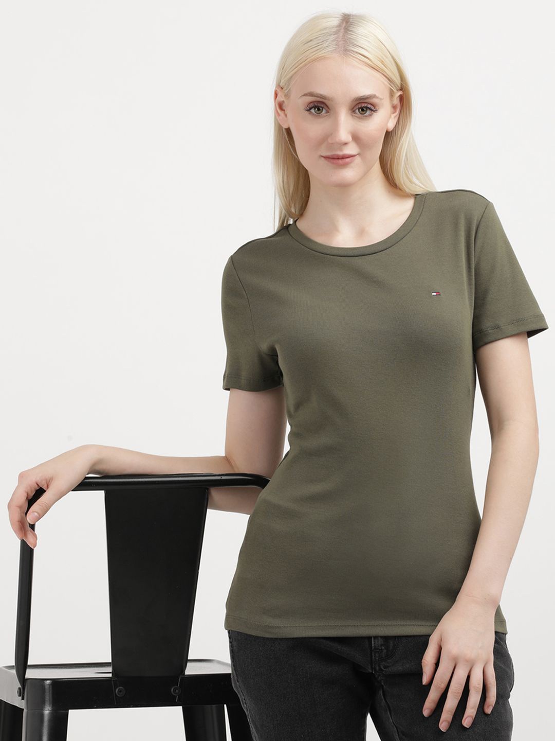

Tommy Hilfiger Women Solid Round Neck Cotton T-shirt, Green