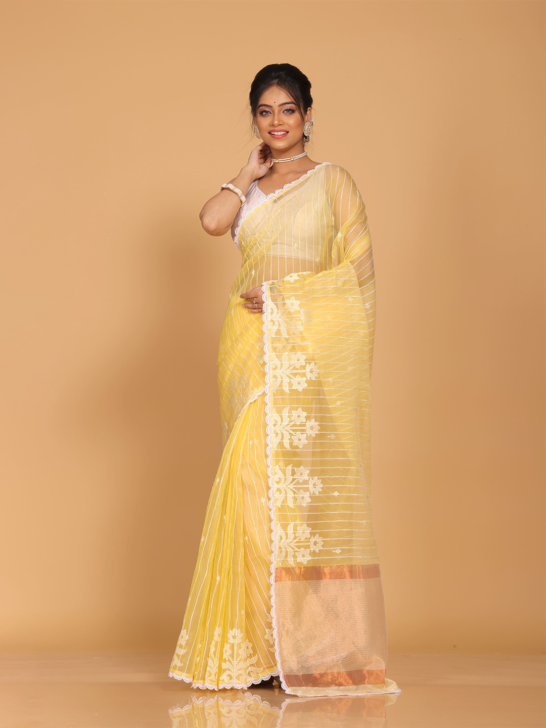 

Morchari Striped Embroidered Organza Saree, Yellow