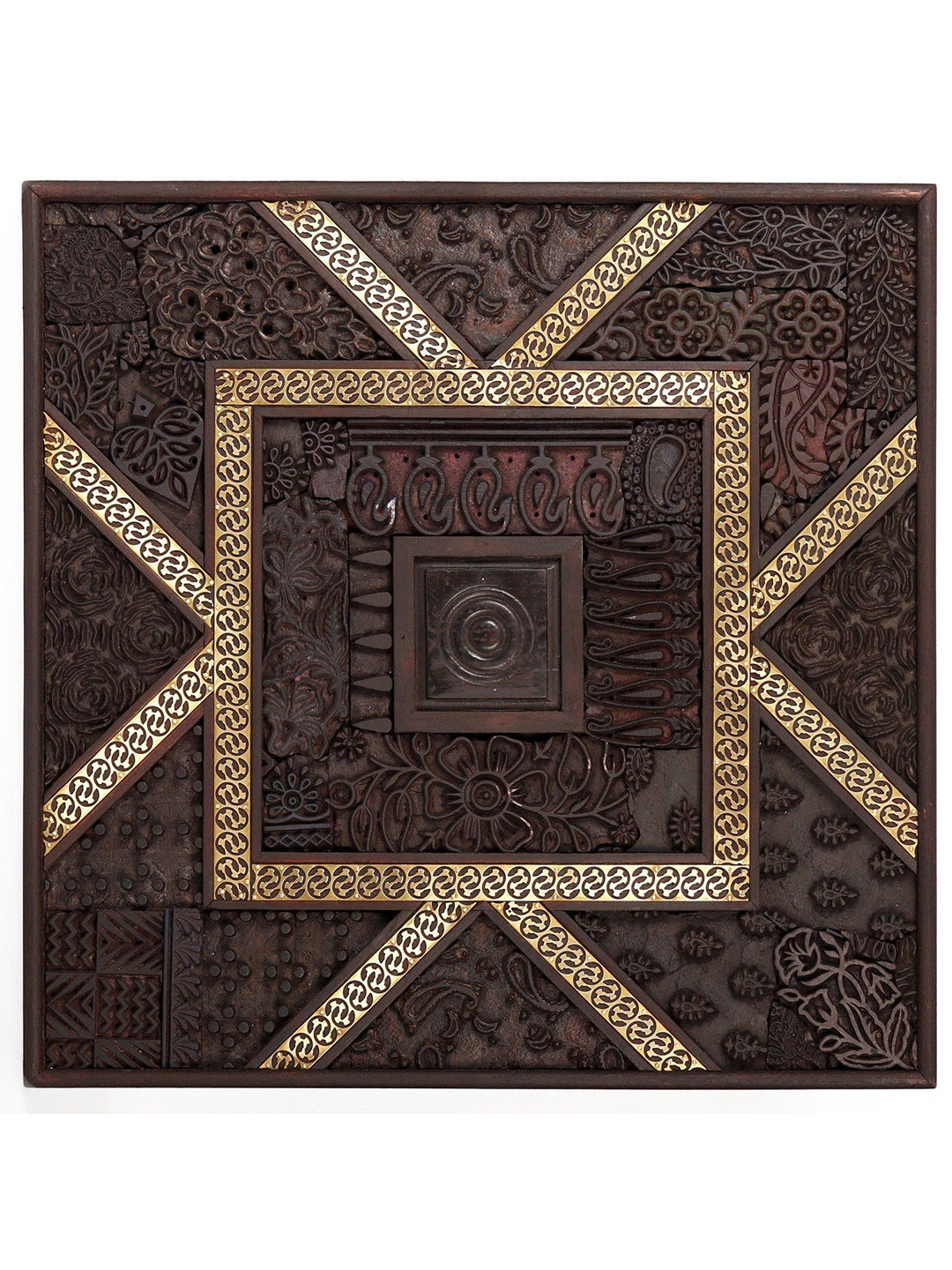 

Exotic India Wood Carved Panel Wall Decor with Brass work, Brown