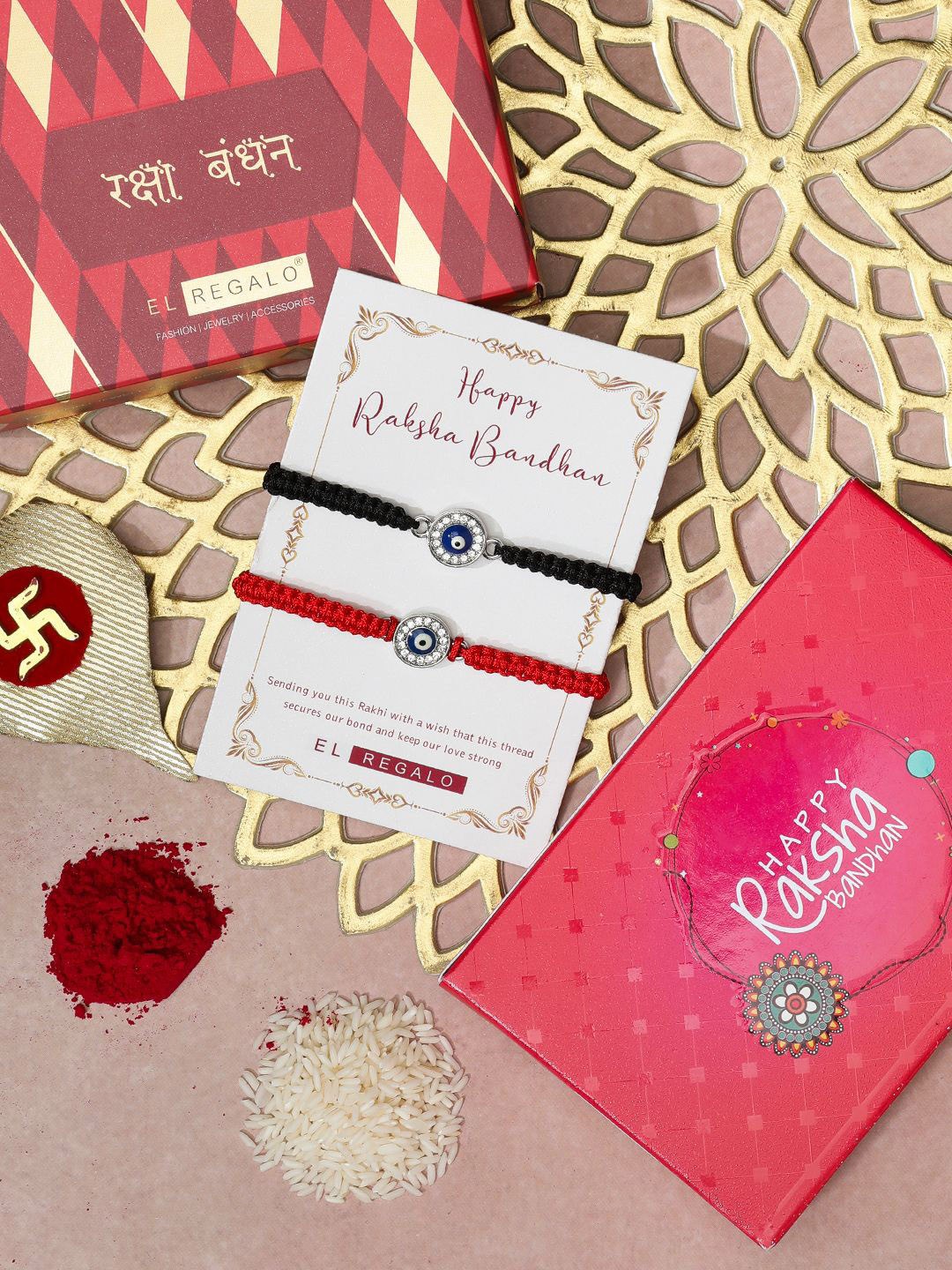 

EL REGALO Set of 2 Evil Eye Charm Thread Rakhis, Red