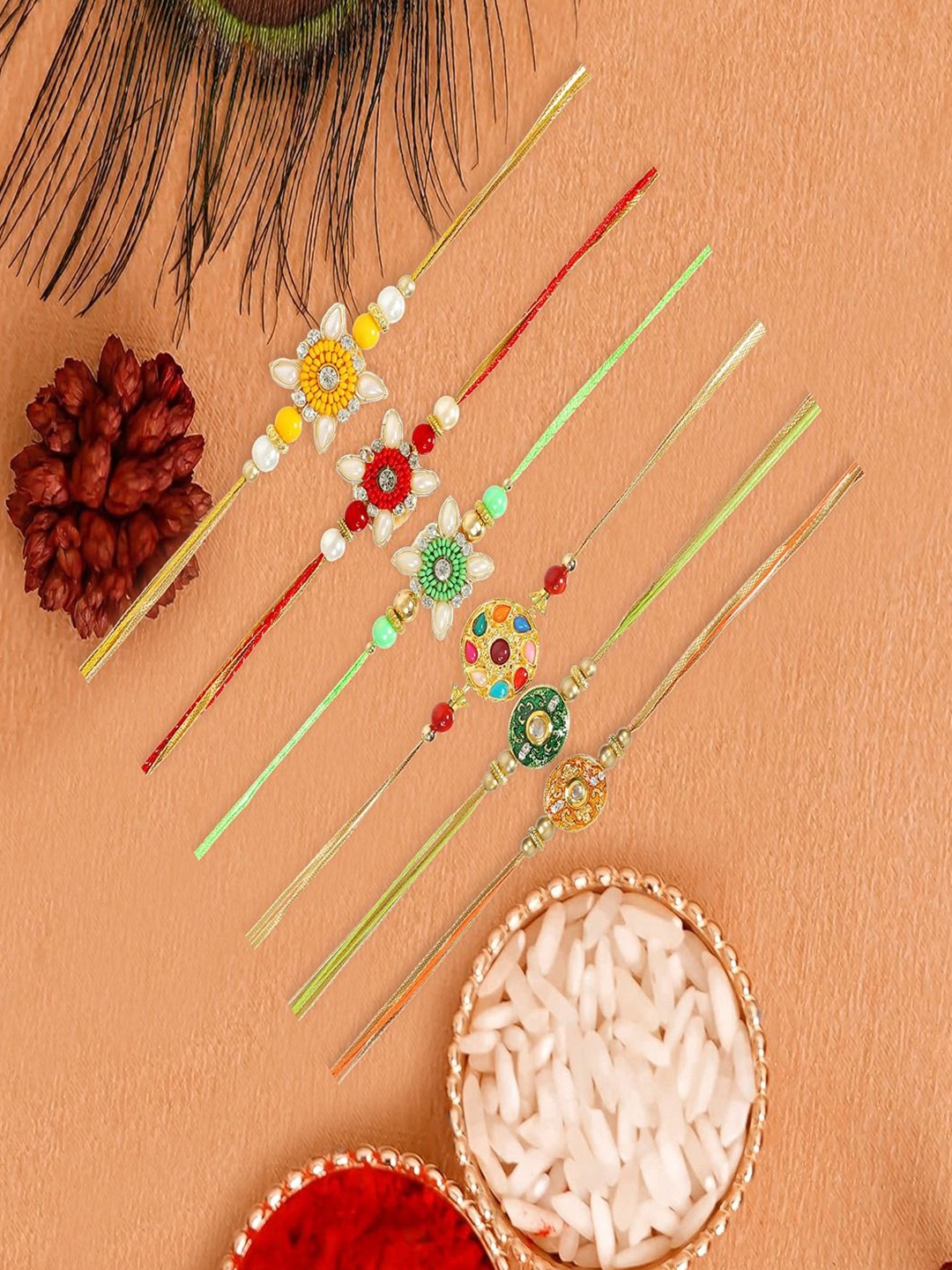 

UNIVERSITY TRENDZ Set of 6 Beaded Thread Rakhis With Roli Chawal, Yellow