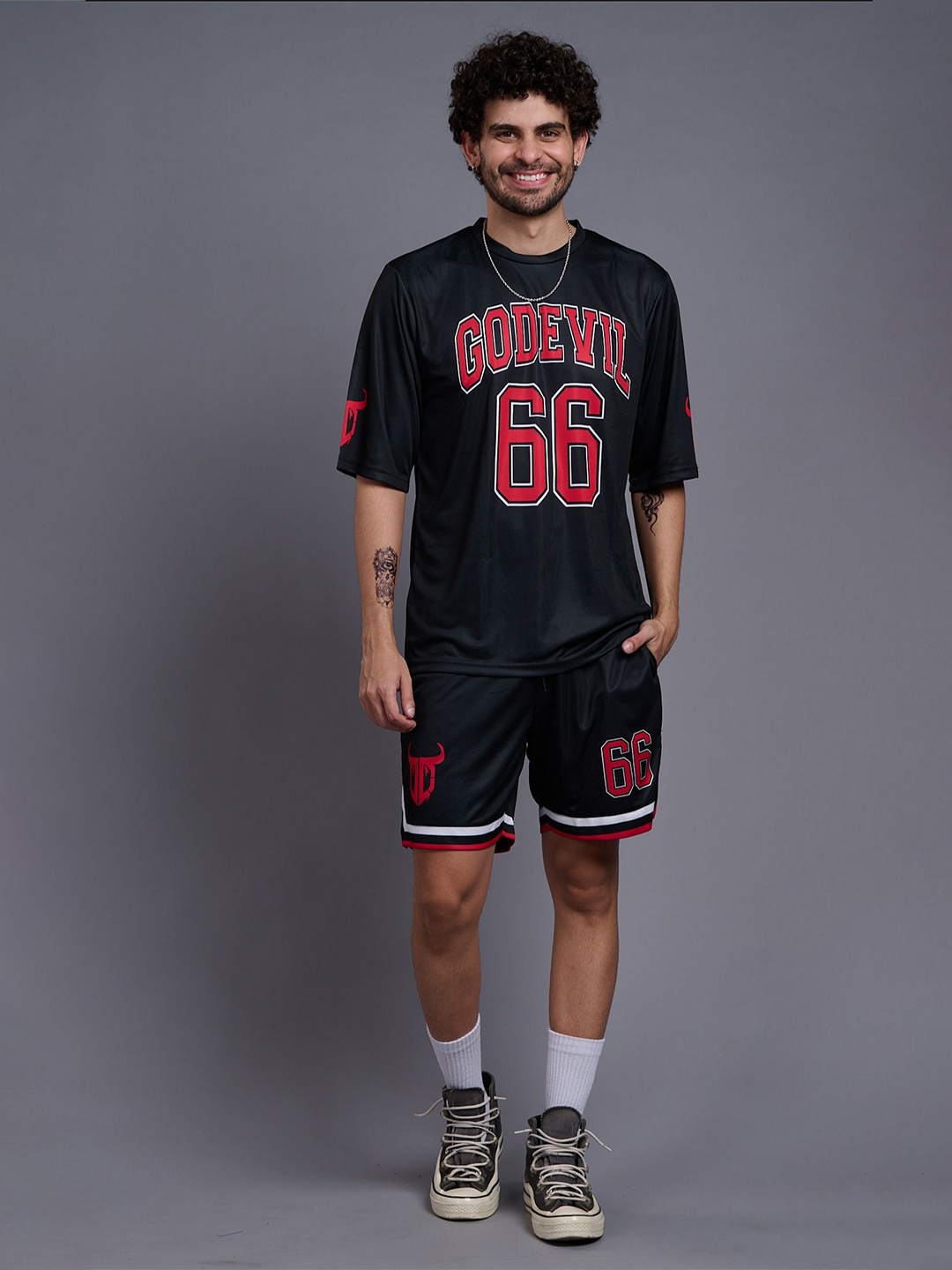

GO DEVIL Printed Pure Cotton T-Shirt & Shorts Co-Ords, Black