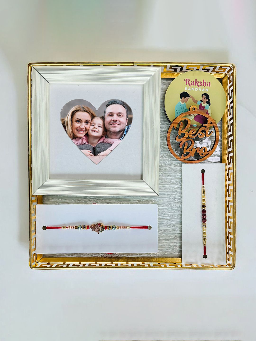 

Art Street Set Of 8 Rakhi With Key Chain Photo Frame & Fridge Magnets, Beige