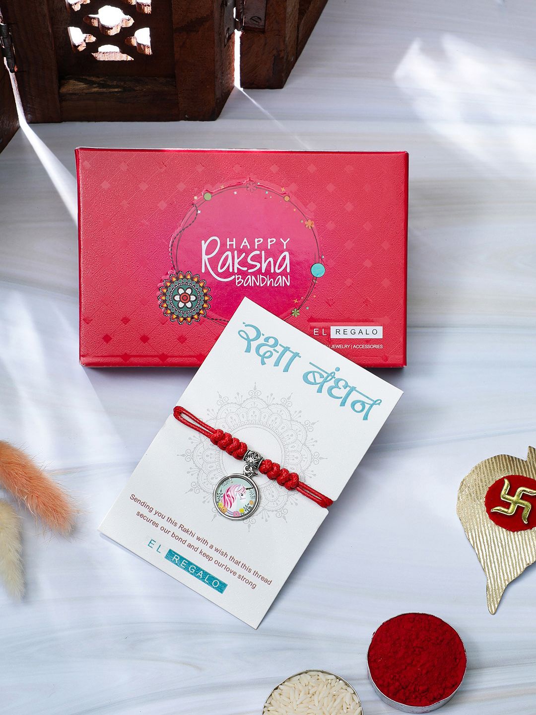 

EL REGALO Girls Unicorn Thread Rakhi, Red