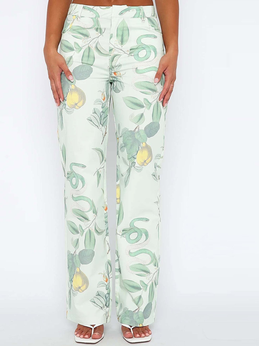 

LULU & SKY Women Tropical Printed Straight Fit Low-Rise Trousers, Green