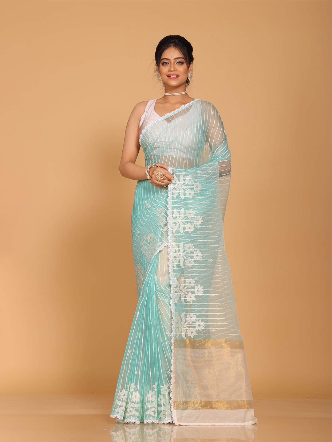 

Morchari Zari Embroidered Striped Organza Saree, Sea green