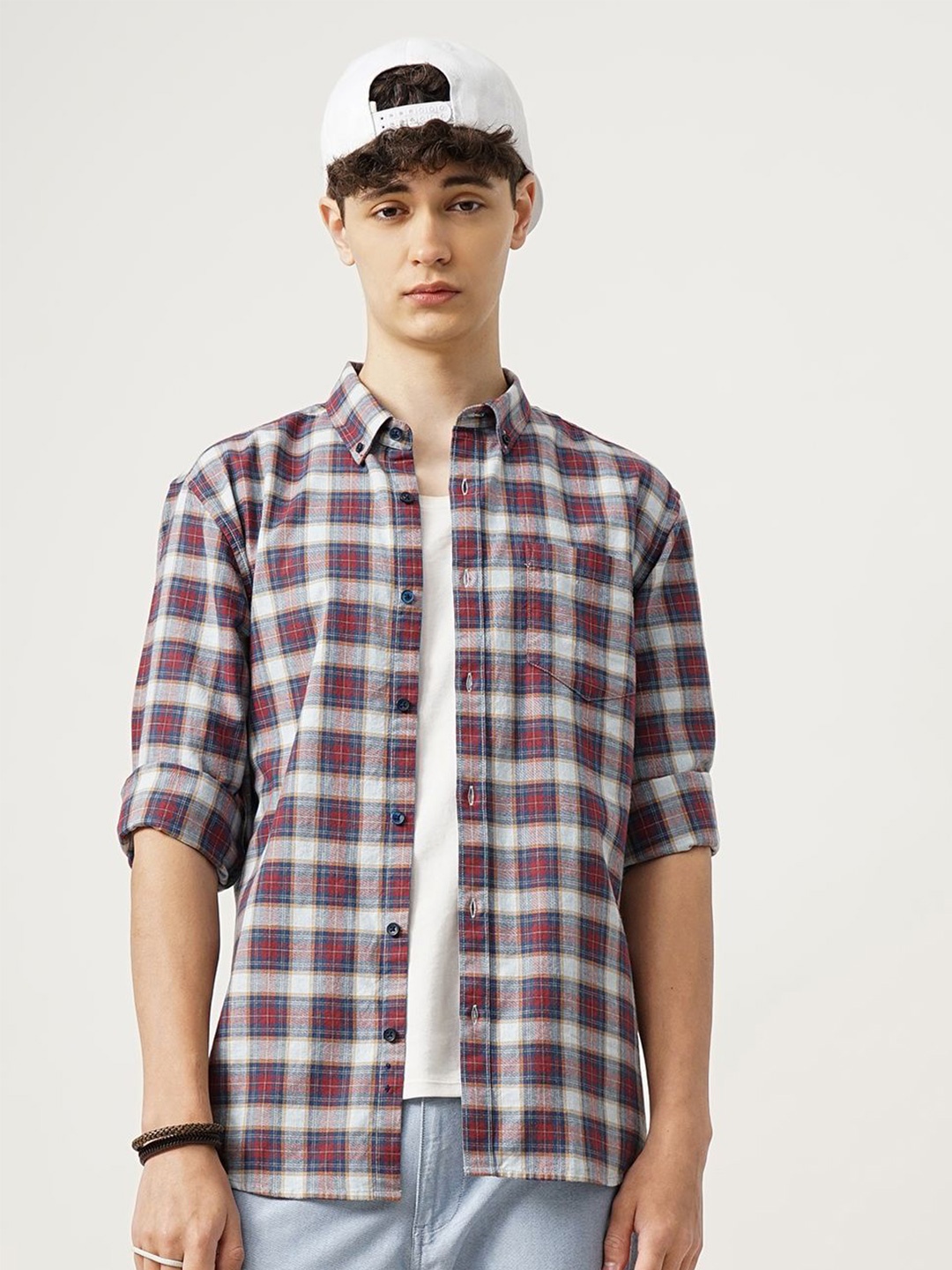 

British Club Men Smart Slim Fit Tartan Checks Opaque Checked Casual Shirt, Maroon