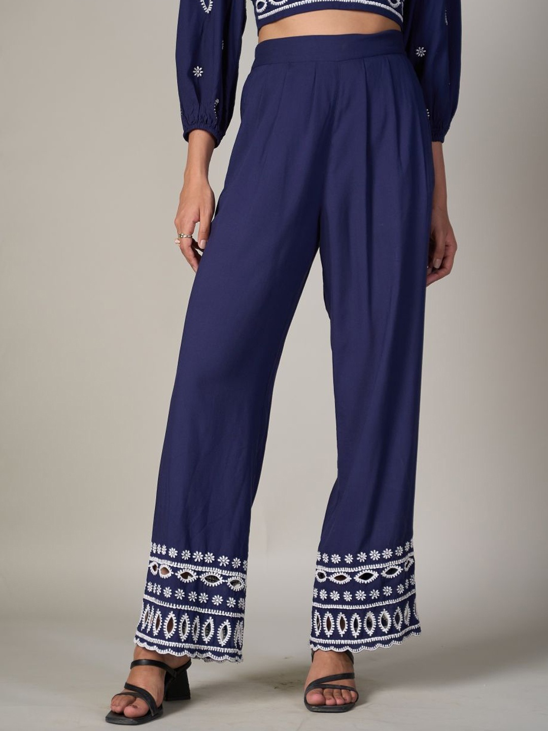 

Style Island Embroidered Relaxed Fit High Rise Trousers, Blue