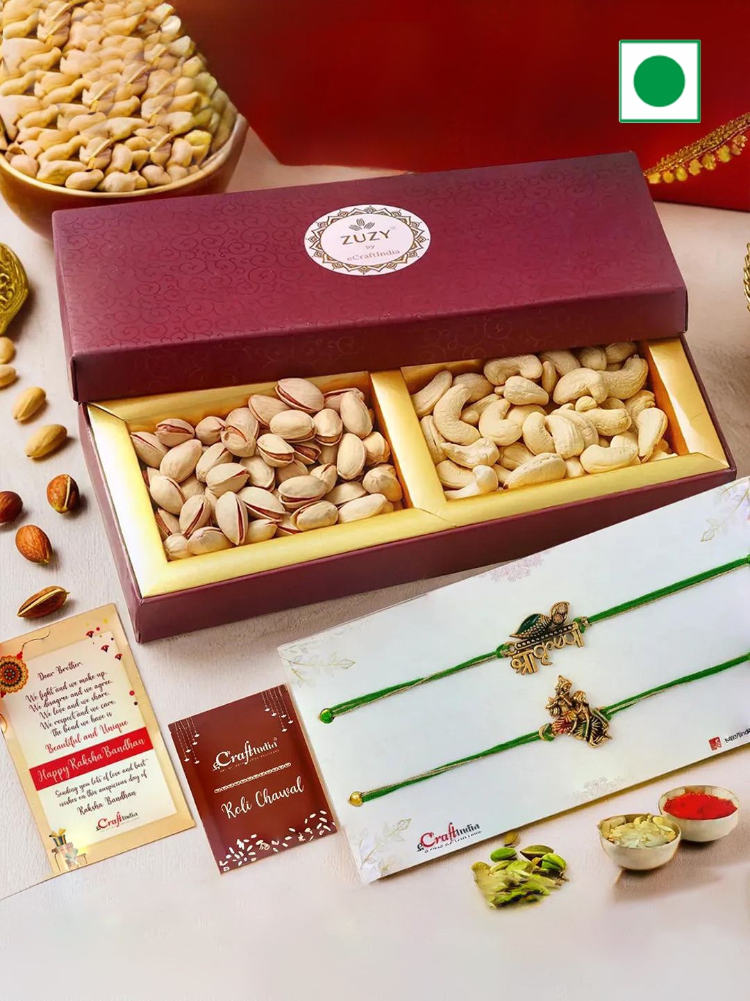 

eCraftIndia Set of 2 Beaded Rakhis with Dry Fruit Box And Roli Chawal, Gold