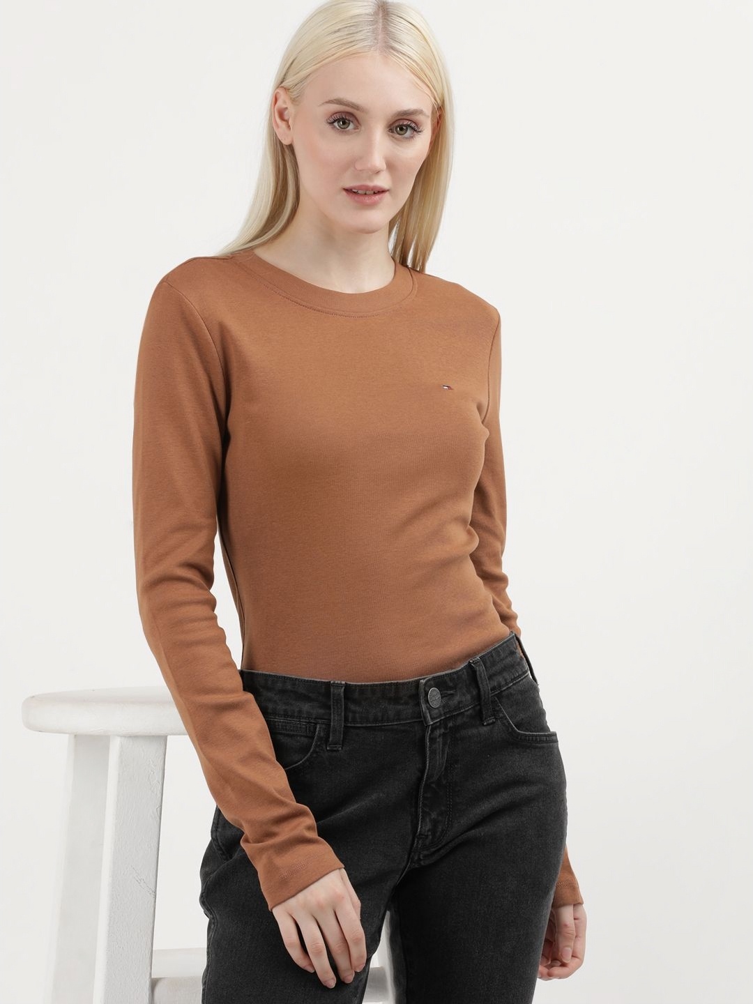 

Tommy Hilfiger Women Solid Round Neck Cotton Slim Fit T-shirt, Brown