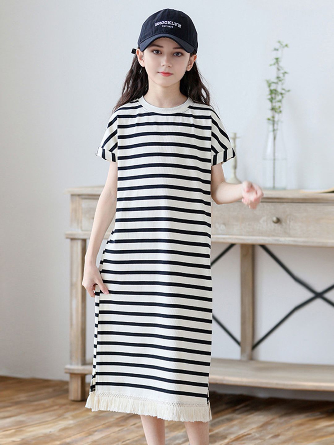

INCLUD Girls Striped T-shirt Dress, Black