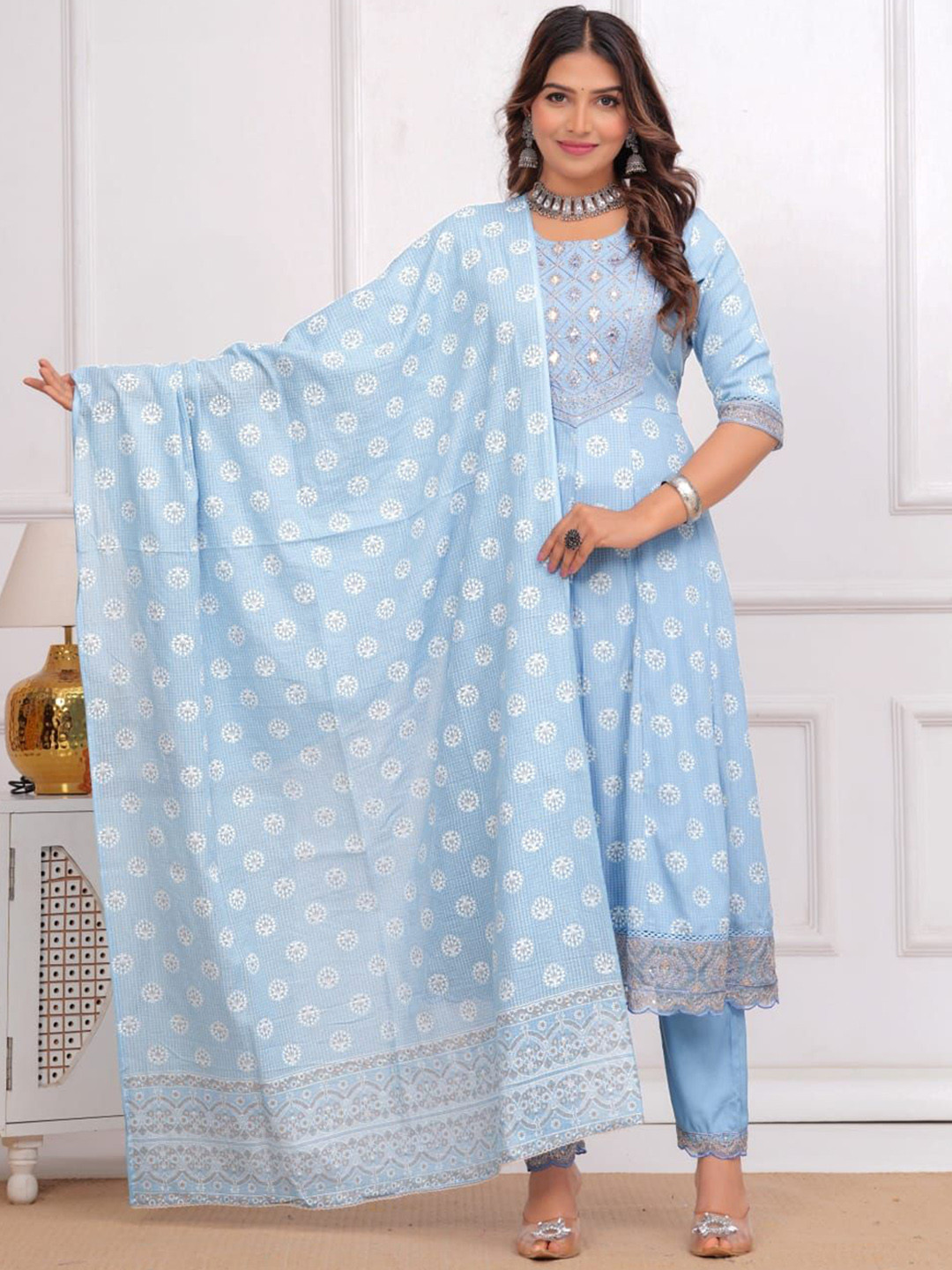 

PARUCREATION Floral Printed Mirror Work Anarkali Kurta With Trousers & Dupatta, Blue