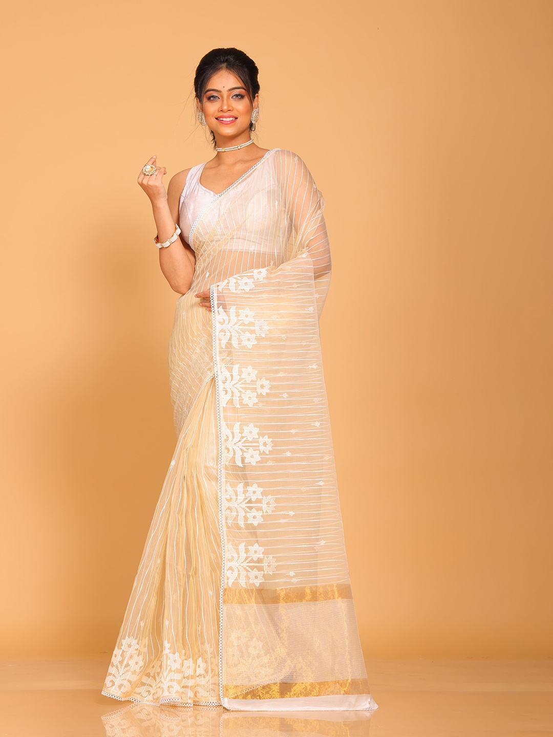 

Morchari Floral Embroidered Organza Saree, Beige