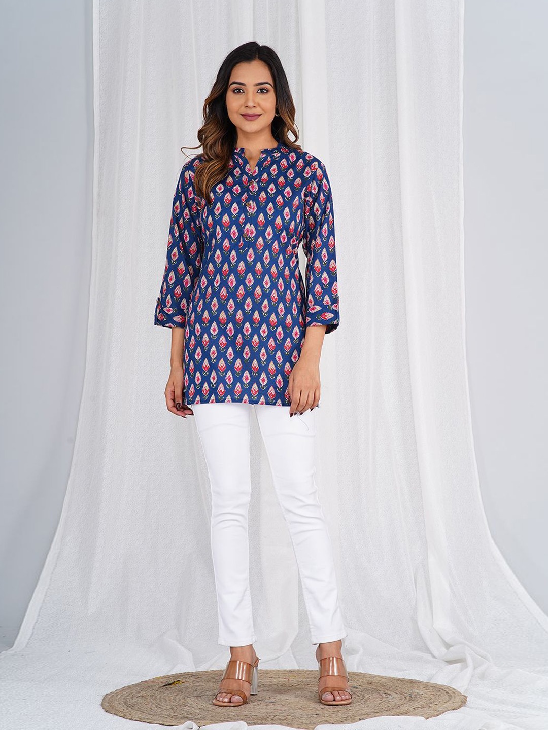 

KALINI Geometric Print Mandarin Collar Cotton Shirt Style Longline Top, Navy blue