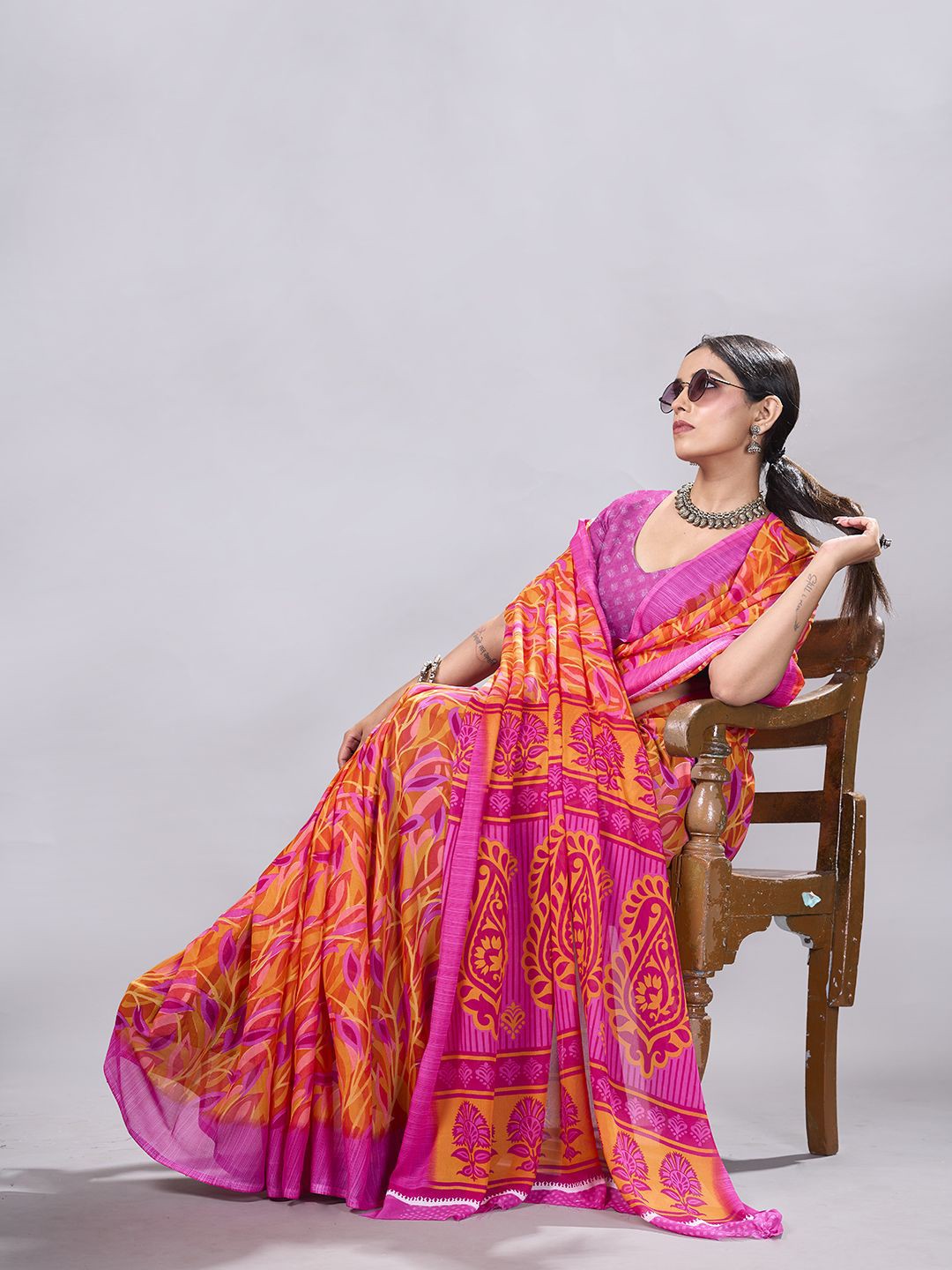 

NIRMAL CREATION Printed Floral Poly Georgette Saree, Orange
