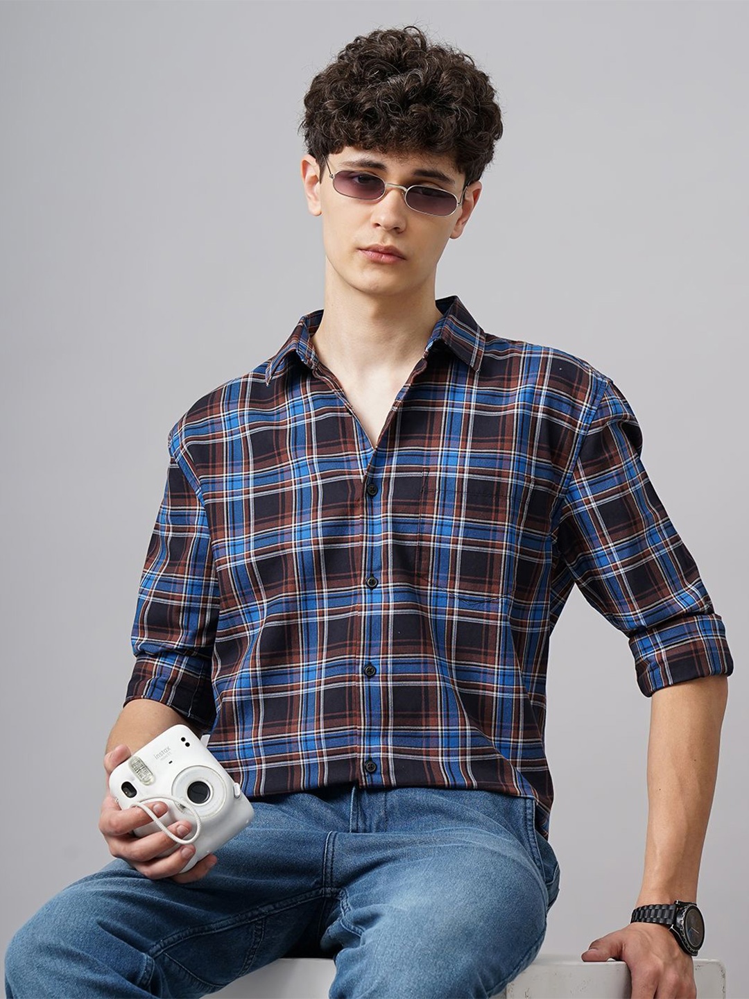 British Club Men Standard Tartan Checks Opaque Checked Casual Shirt, Brown