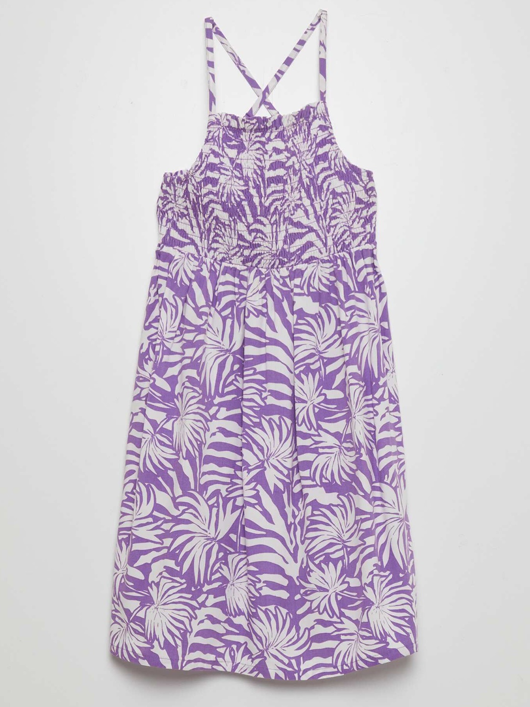 

KIABI Girls Printed Smocked A-Line Dress, Purple