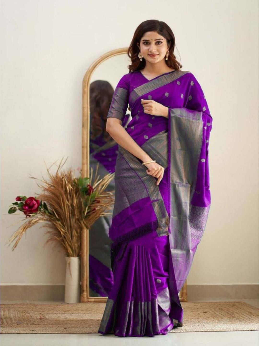 

SANJANA SILK Woven Design Ethnic Motifs Zari Silk Blend Kanjeevaram Saree, Purple