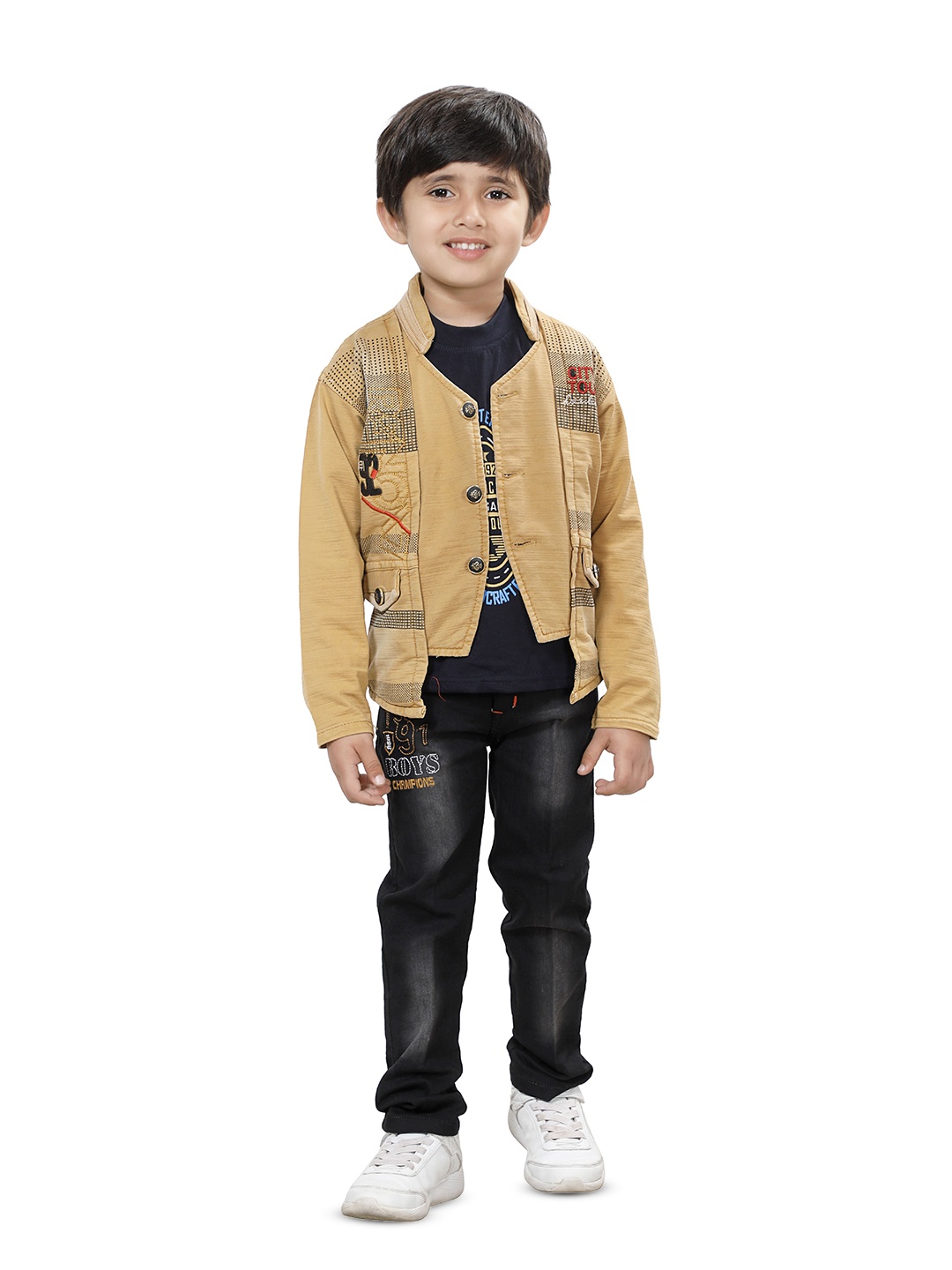 

BAESD Boys Printed Mandarin Collar T-shirt & Shirt With Trousers, Mustard