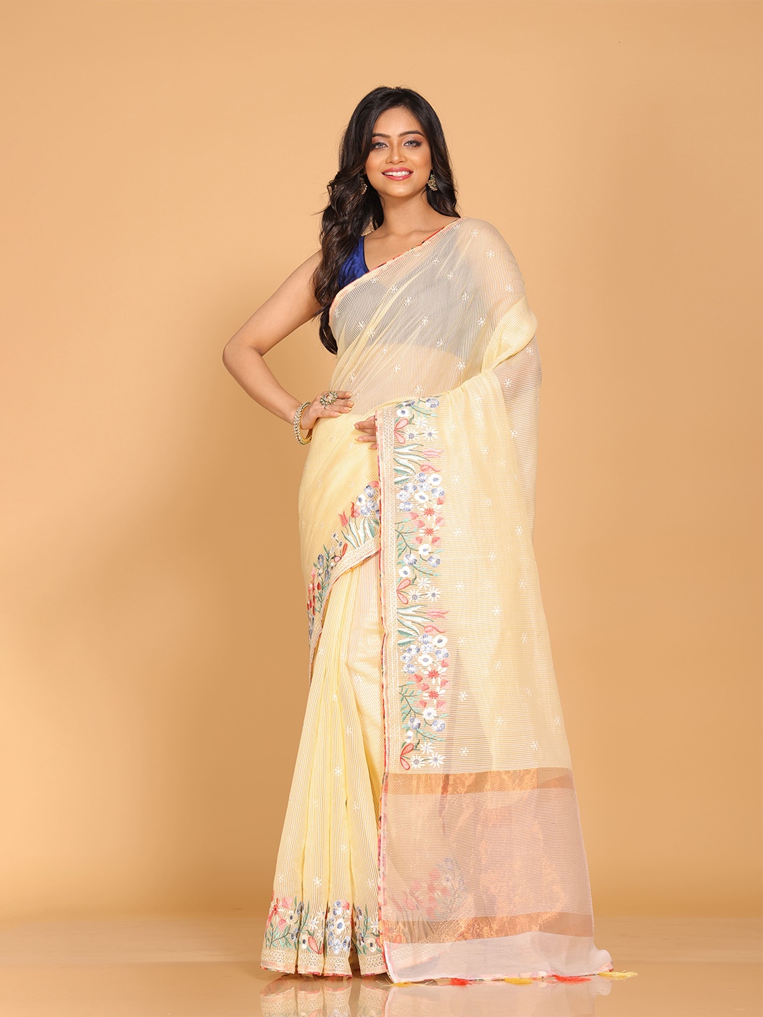 

Morchari Ethnic Motifs Embroidered Pure Cotton Yellow Saree