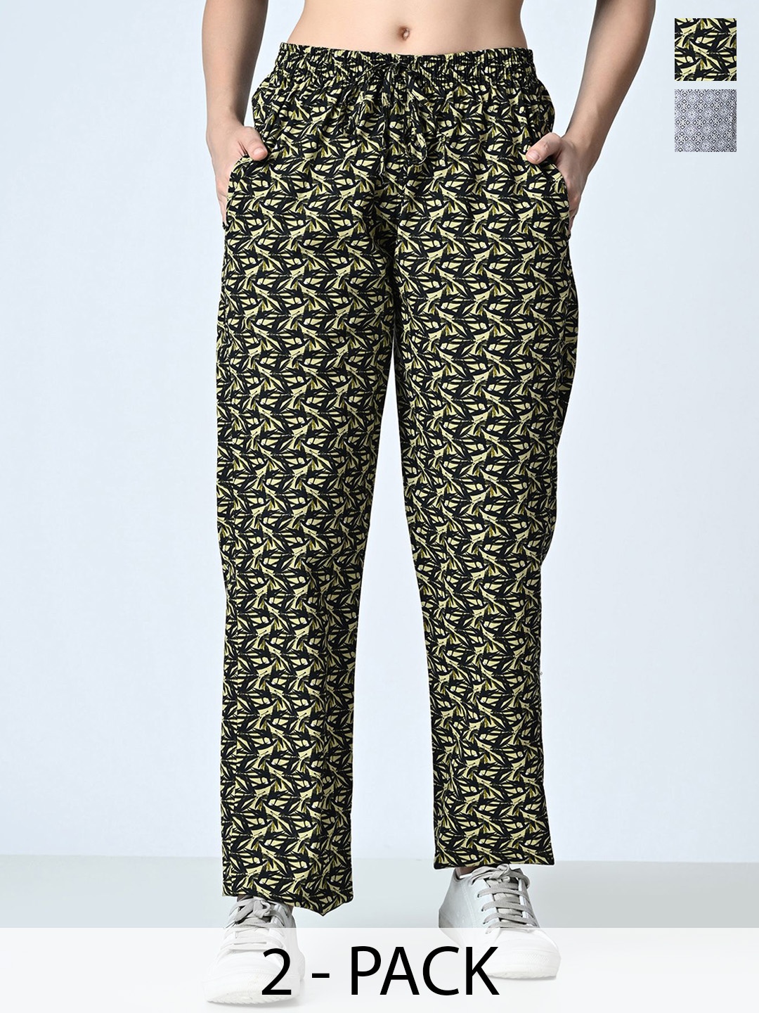 

BAESD Women Pack Of 2 Printed Pure Cotton Trousers, Green
