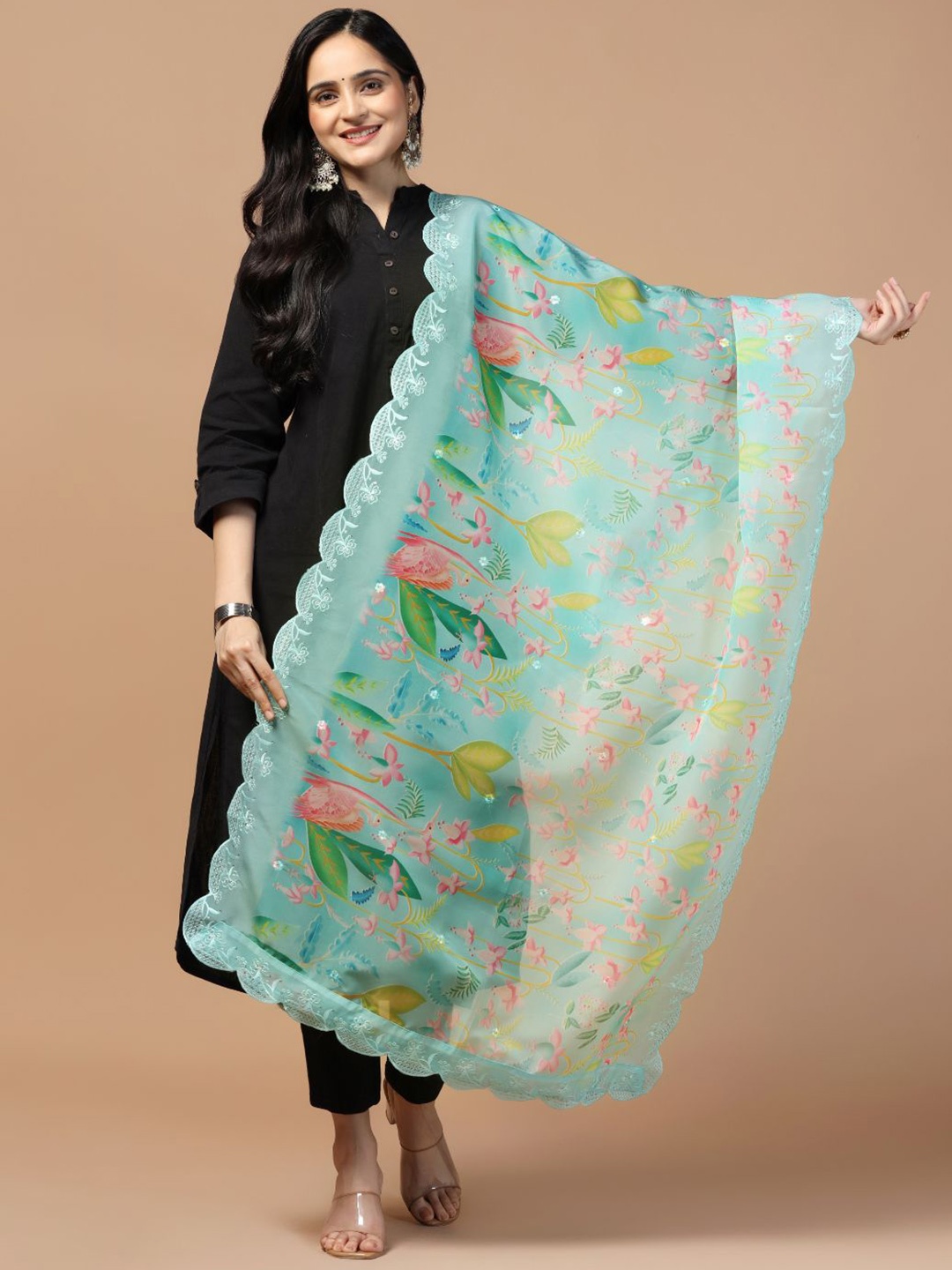 

Kaizen TEXO FAB Floral Printed Organza Silk Dupatta, Sea green
