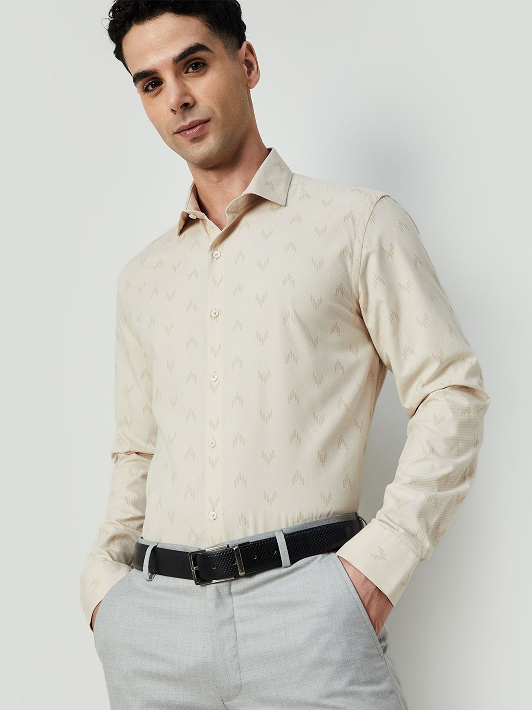 

CODE by Lifestyle Men Slim Fit Opaque Printed Formal Shirt, Beige