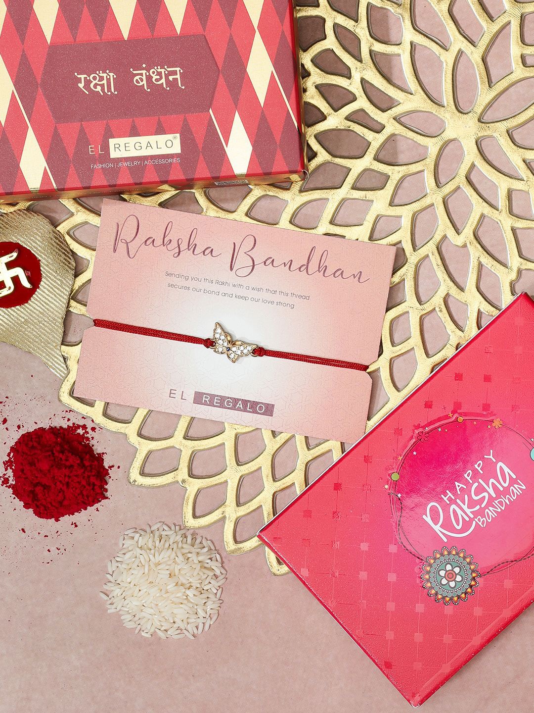 

EL REGALO Stone Studded Thread Rakhi, Red