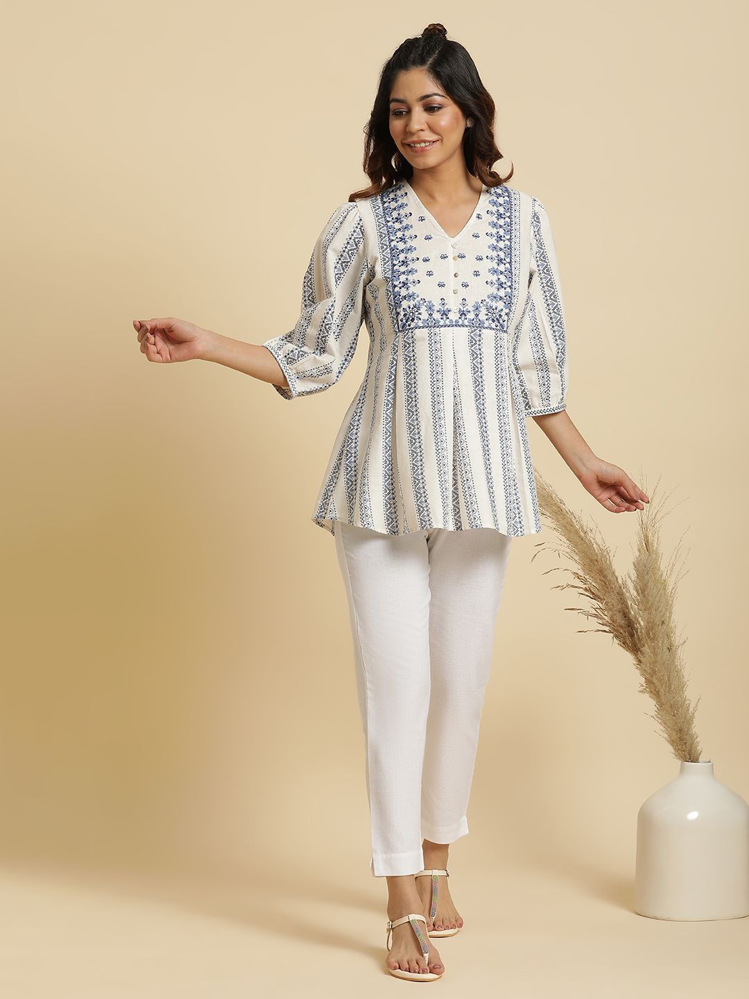 

W Geometric Print Cotton Longline Top, White