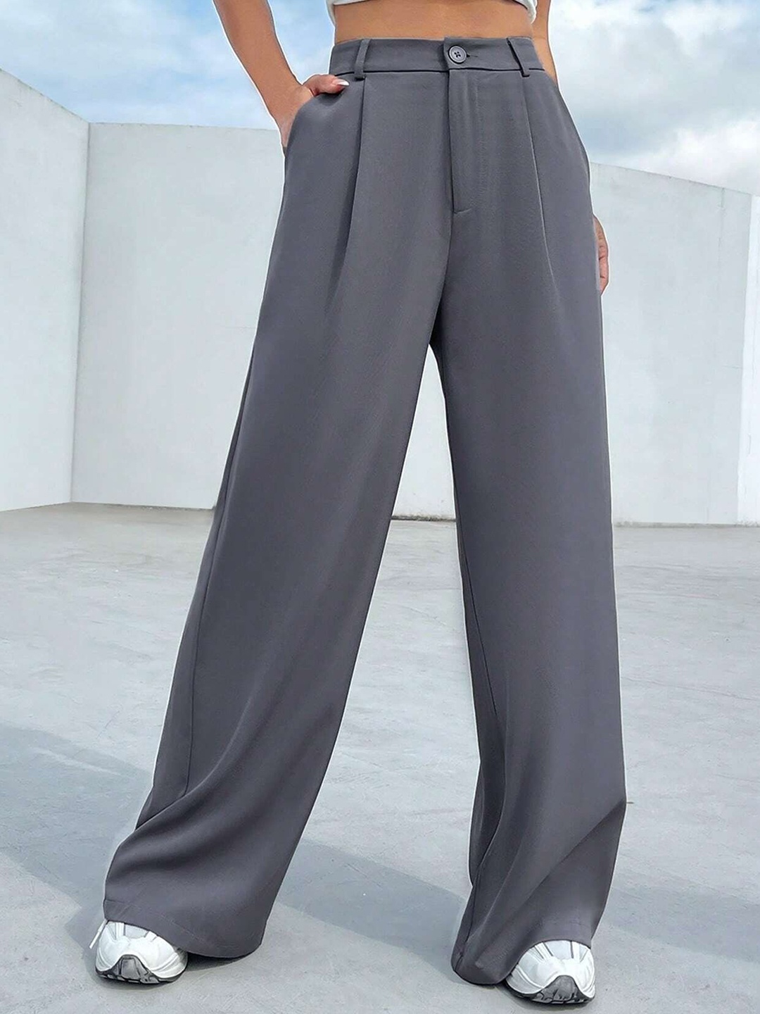 

FNOCKS Women Classic High-Rise Wrinkle Free Parallel Trousers, Grey