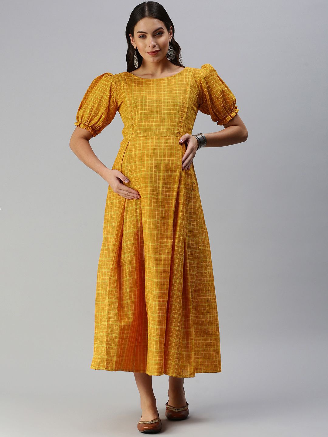 

Swishchick Print Puff Sleeve Checked Cotton Maternity Midi Dress, Mustard