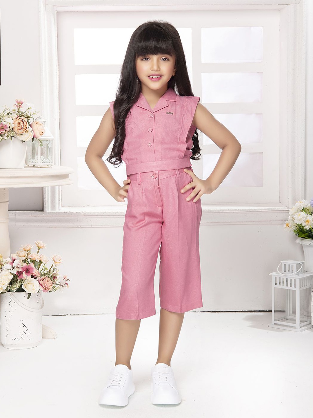 

Tiny Baby Girls Shirt Collar Sleeveless Top With Culottes, Pink