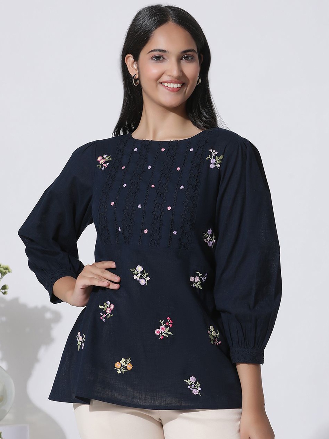 

W Floral Print Cotton Top, Blue