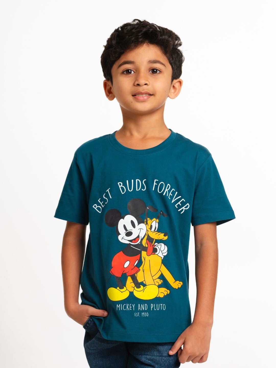 

Nap Chief Kids Unisex Mickey & Pluto Graphic Printed Round Neck Pure Cotton T-shirt, Teal