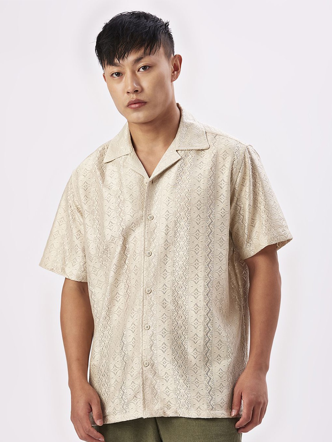 

VALEN CLUB Men Relaxed Semi Sheer Printed Casual Shirt, Beige