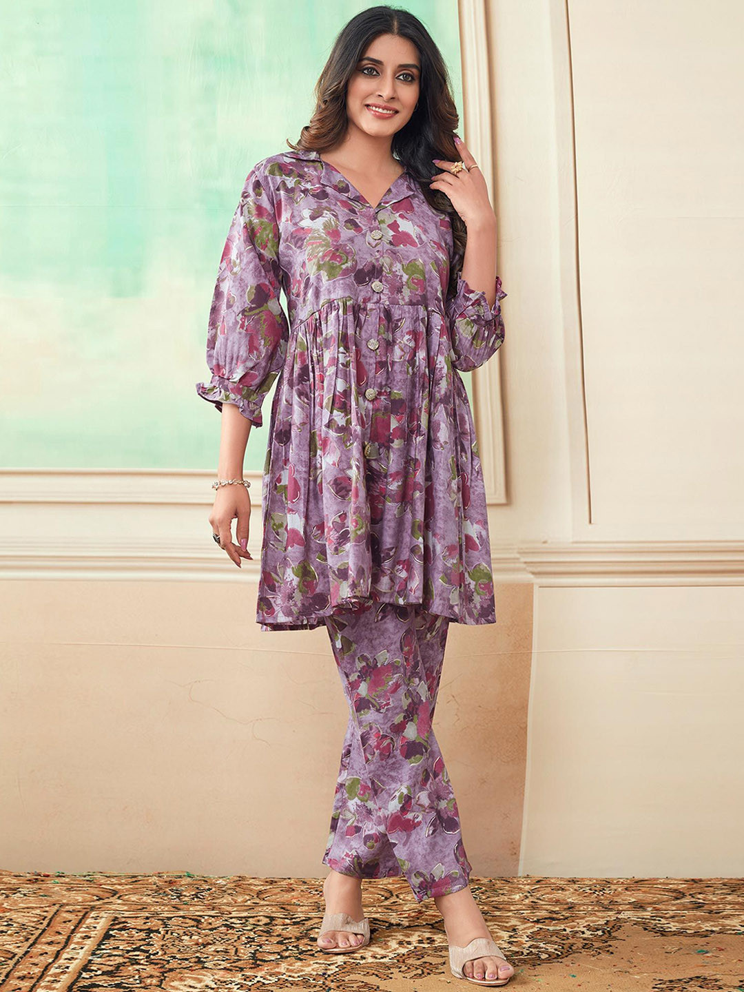 

Peachmode Floral Printed Tunic With Trousers Co-Ords, Lavender