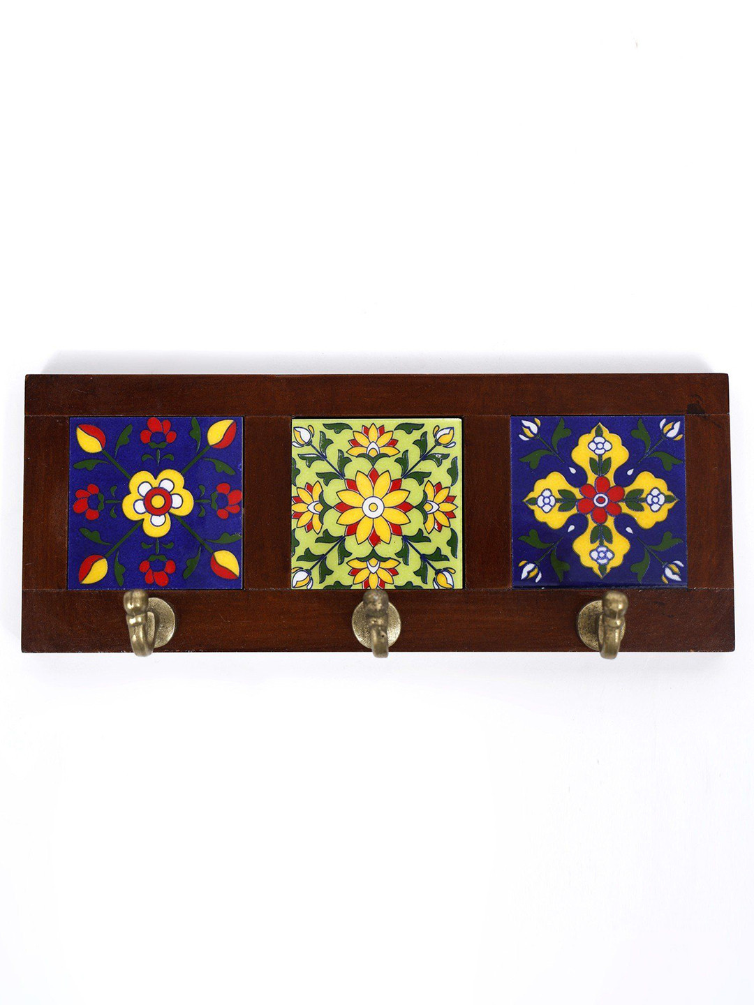 

Exotic India 12" Wooden Framed Ceramic Tile Wall Brass Hooks, Blue