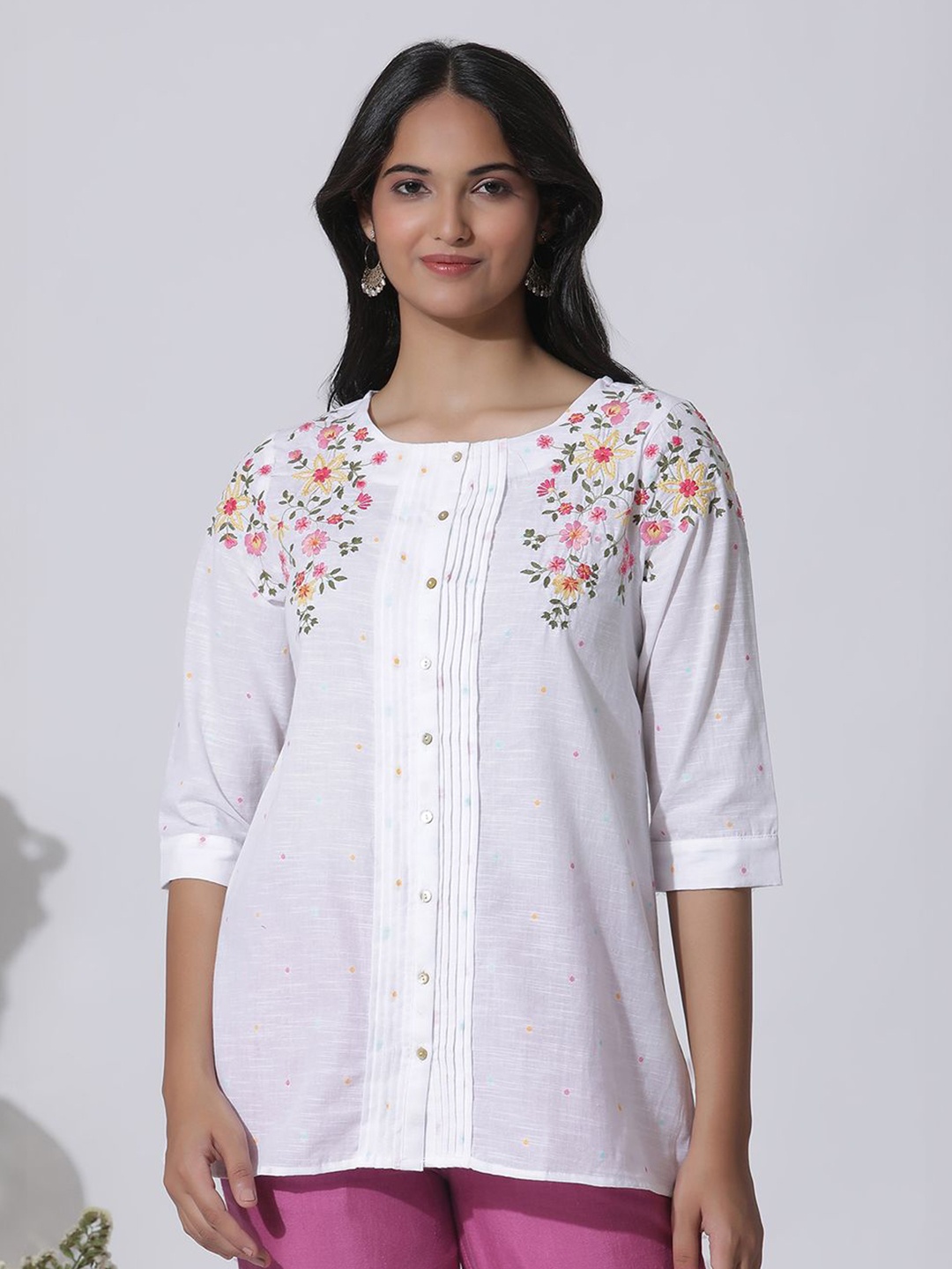 

W Floral Striped Cotton Shirt Style Top, White